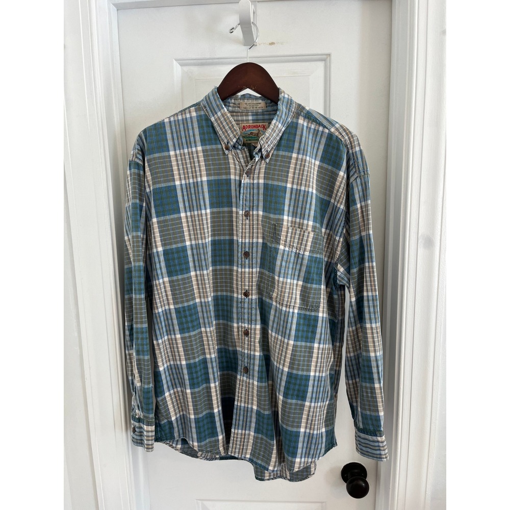 Adirondack Savile Row Mens Large Plaid Cotton Chambray Button Down Shirt‎ Blue